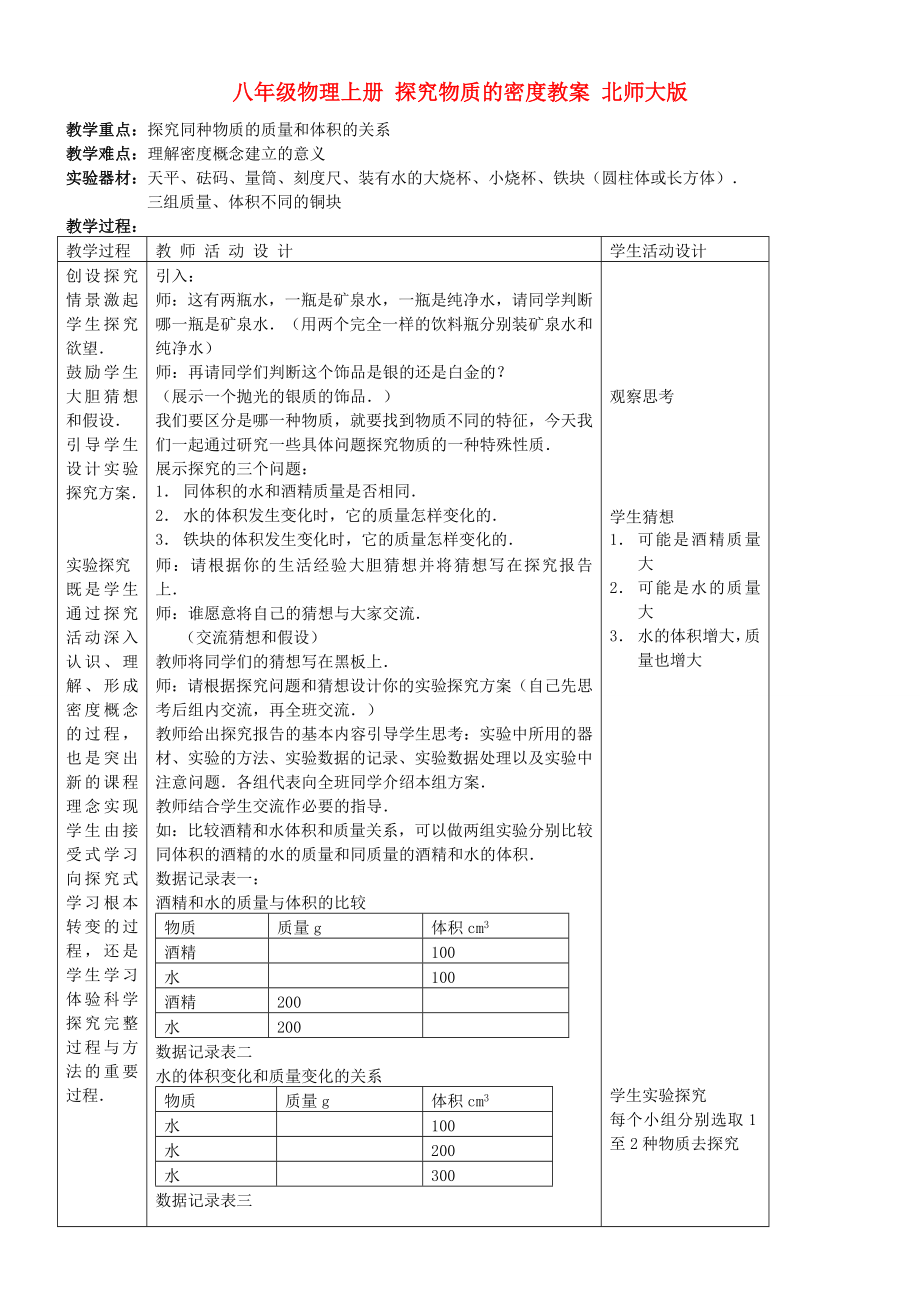 八年級(jí)物理上冊(cè) 探究物質(zhì)的密度教案 北師大版_第1頁(yè)