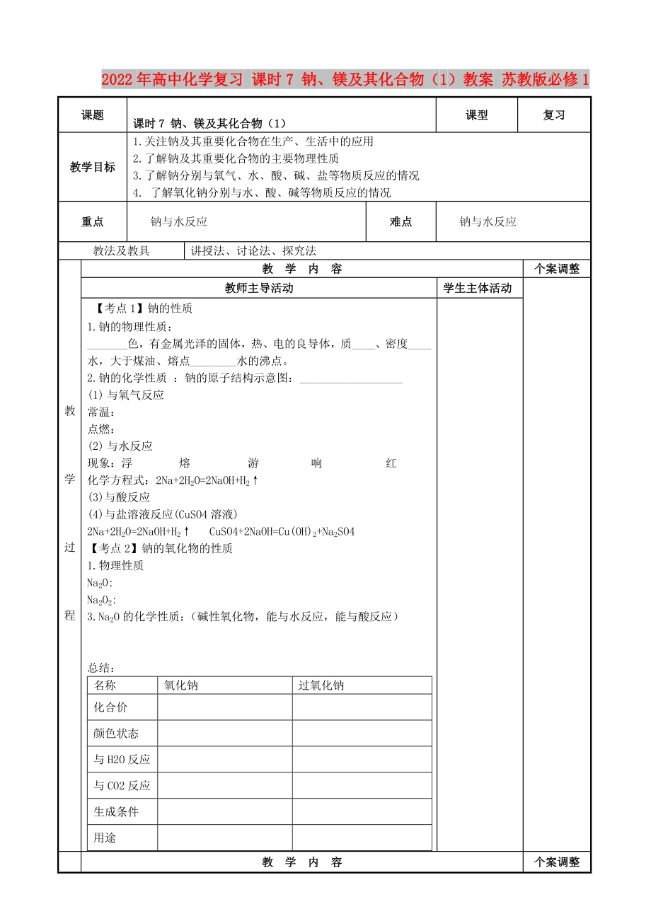 2022年高中化学复习 课时7 钠、镁及其化合物（1）教案 苏教版必修1_第1页