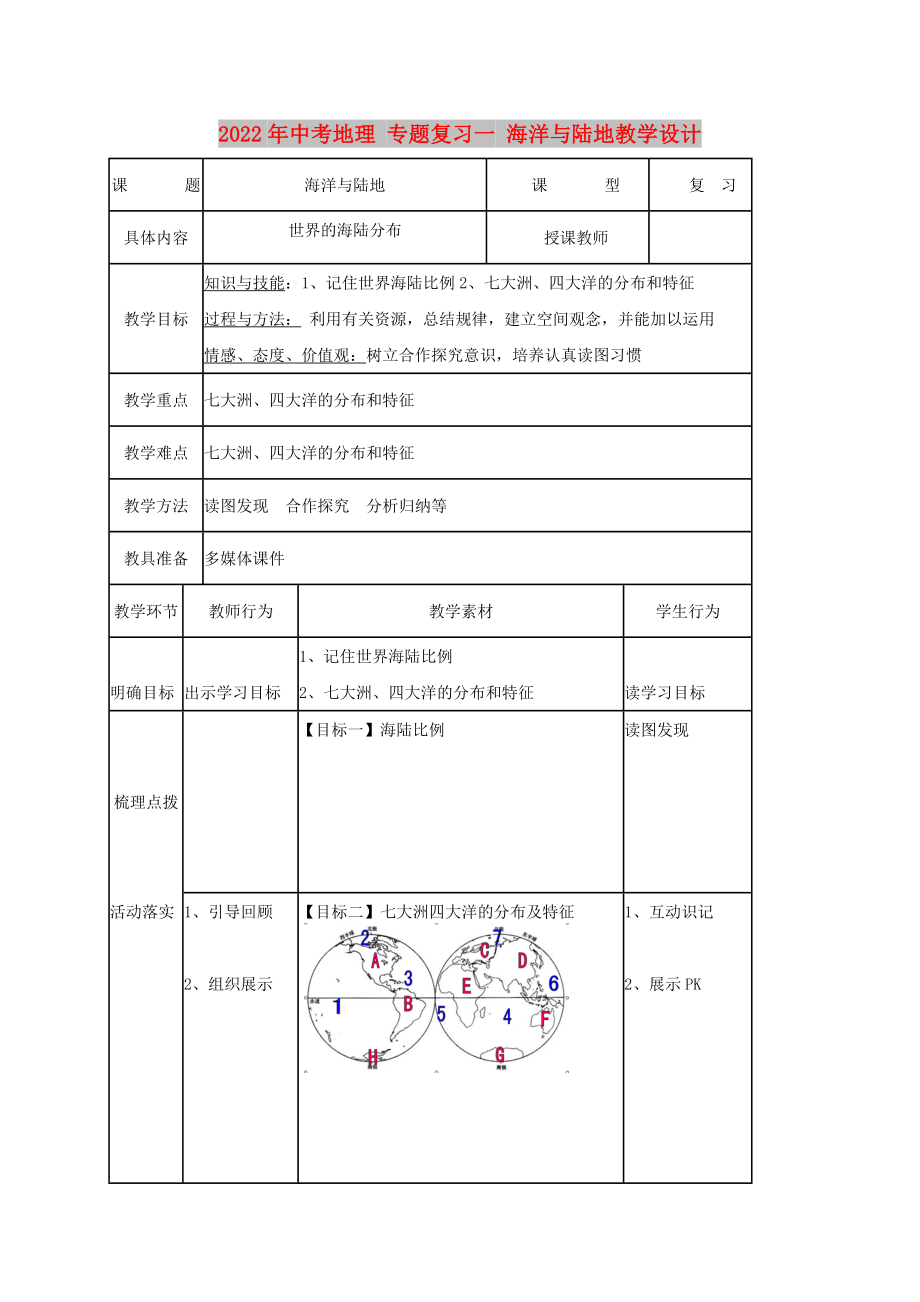 2022年中考地理 專題復(fù)習(xí)一 海洋與陸地教學(xué)設(shè)計_第1頁