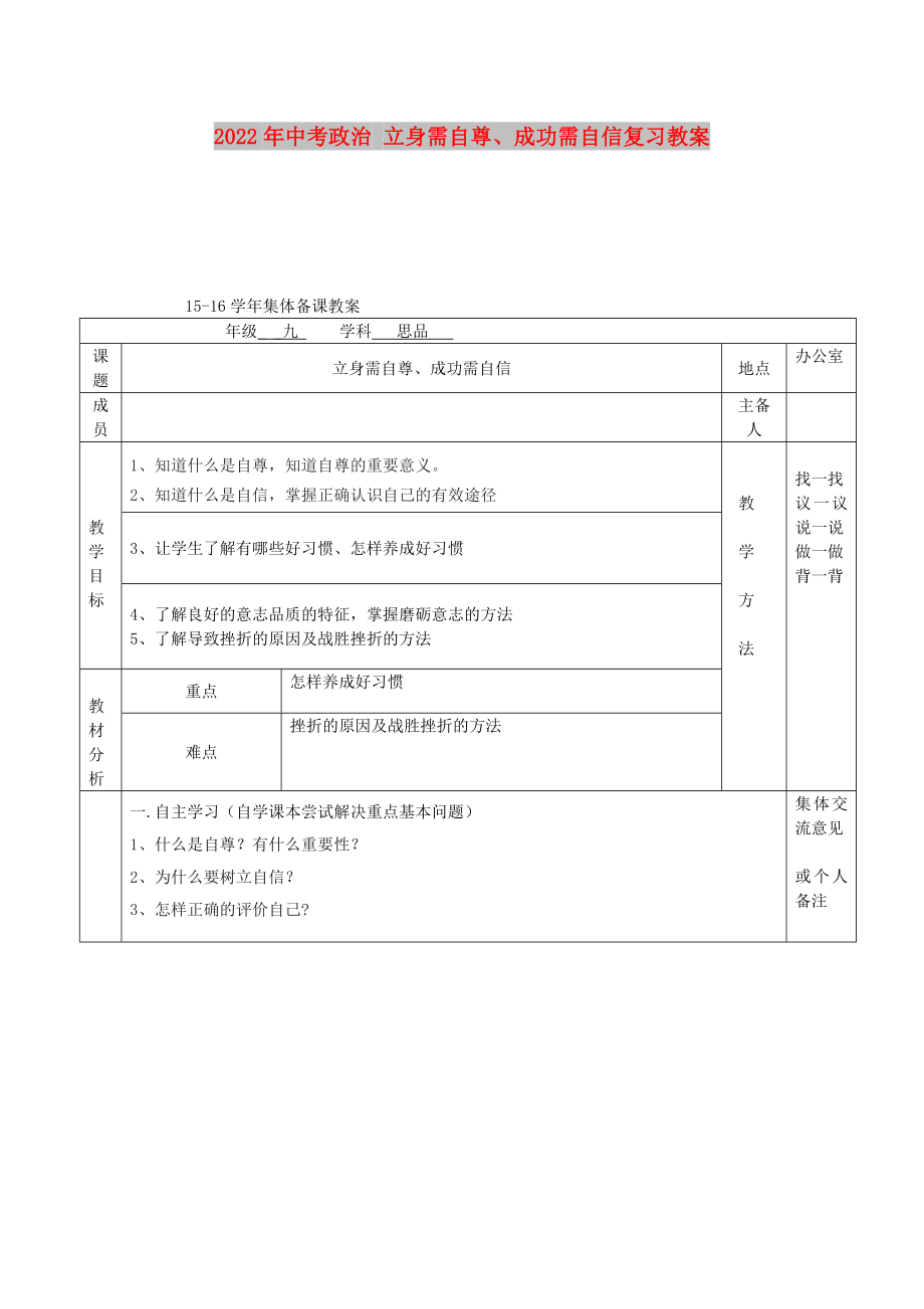 2022年中考政治 立身需自尊、成功需自信復(fù)習(xí)教案_第1頁