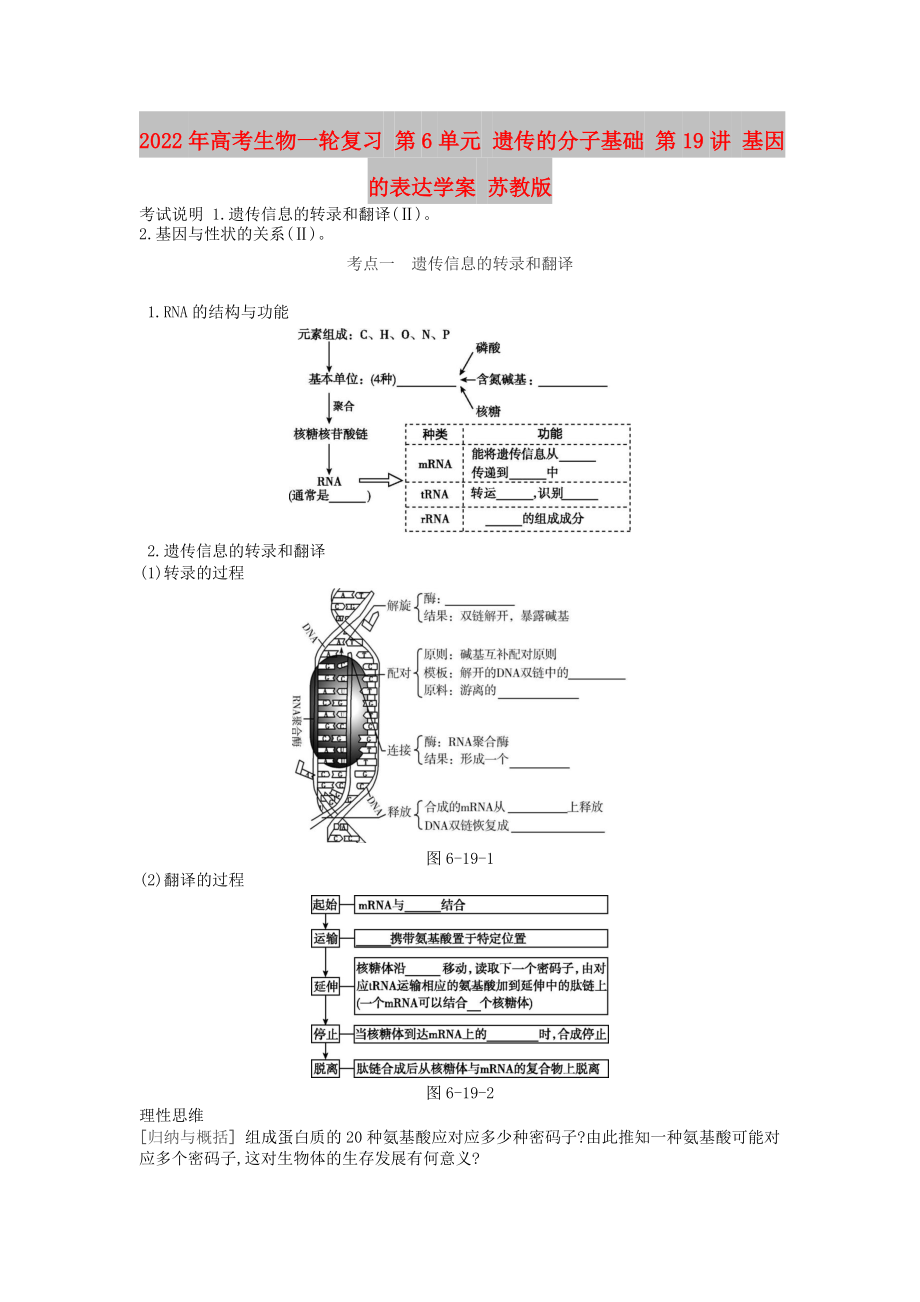 2022年高考生物一輪復習 第6單元 遺傳的分子基礎 第19講 基因的表達學案 蘇教版_第1頁