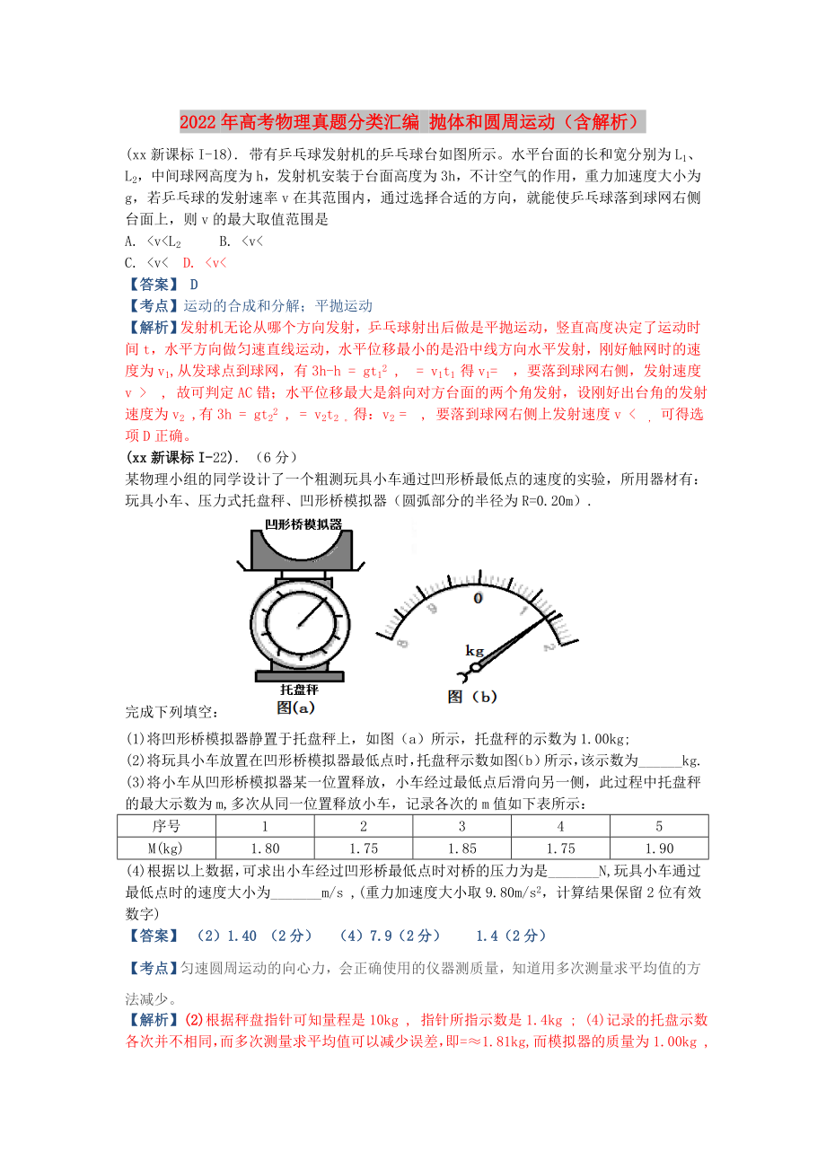 2022年高考物理真题分类汇编 抛体和圆周运动（含解析）_第1页