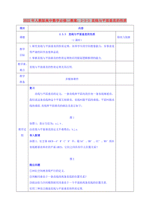 2022年人教版高中數(shù)學(xué)必修二教案：2-3-3 直線與平面垂直的性質(zhì)