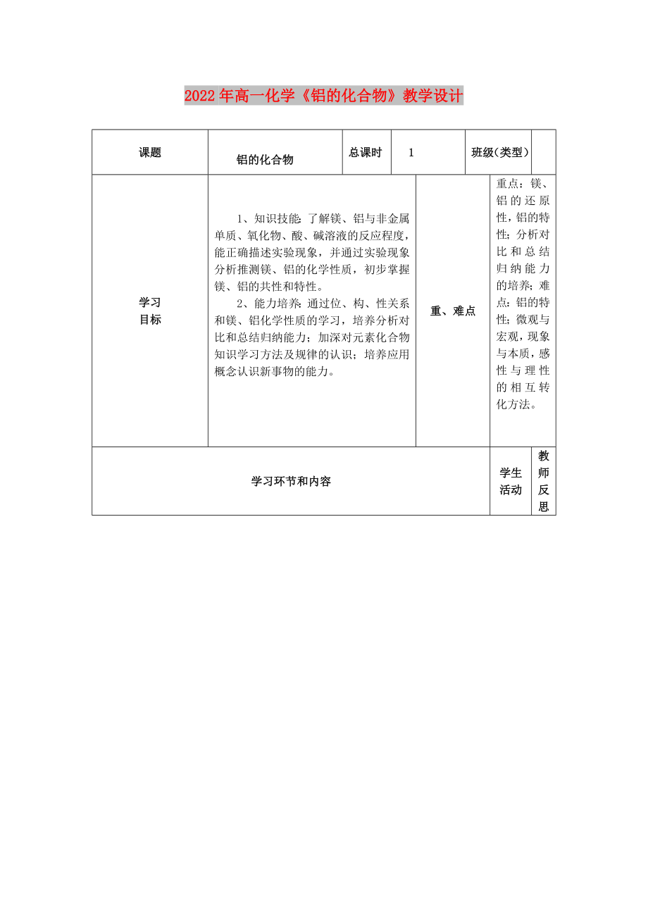 2022年高一化學(xué)《鋁的化合物》教學(xué)設(shè)計(jì)_第1頁