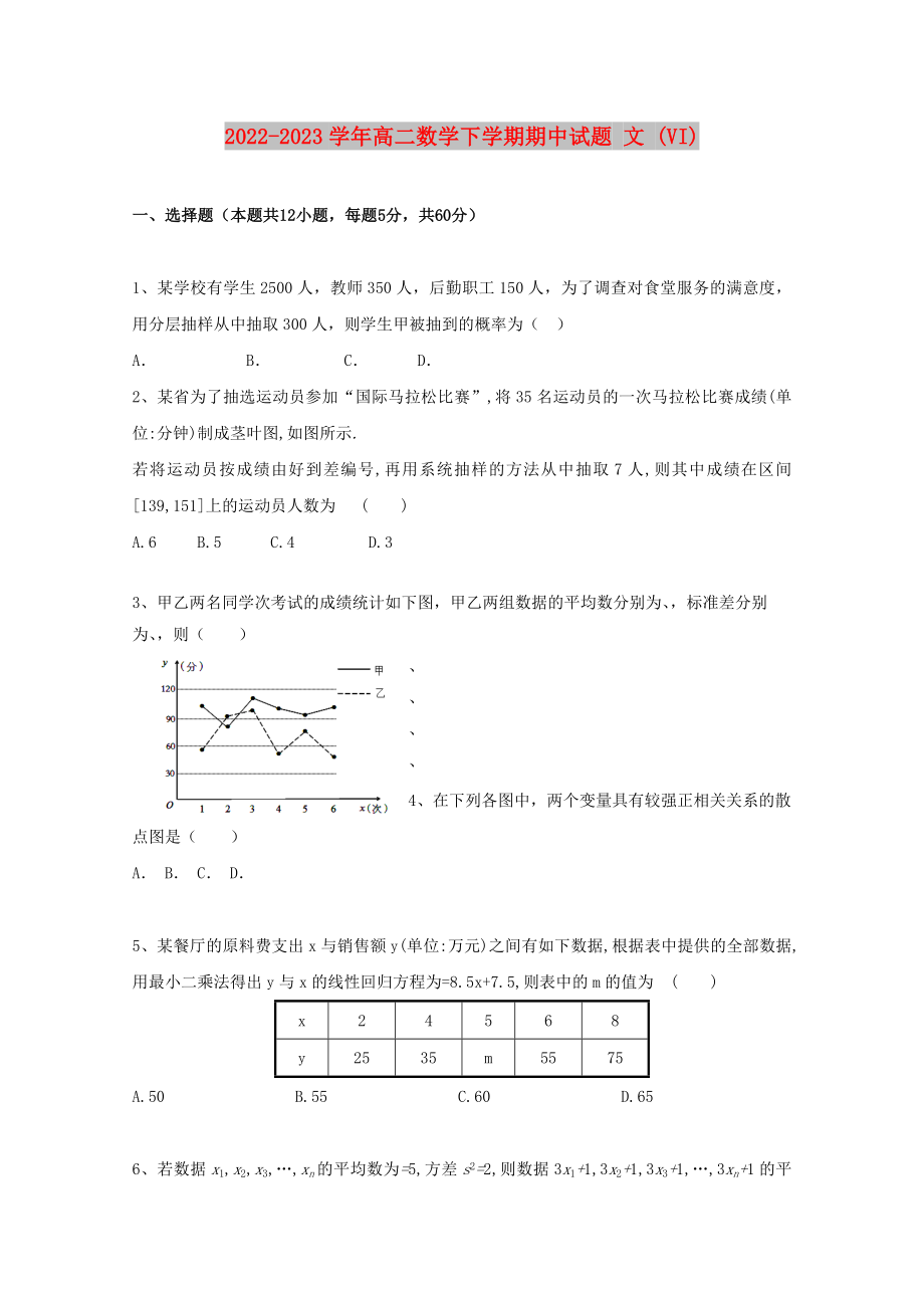 2022-2023學年高二數(shù)學下學期期中試題 文 (VI)_第1頁