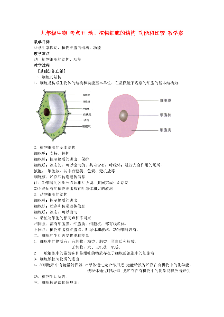 九年級(jí)生物 考點(diǎn)五 動(dòng)、植物細(xì)胞的結(jié)構(gòu) 功能和比較 教學(xué)案_第1頁(yè)