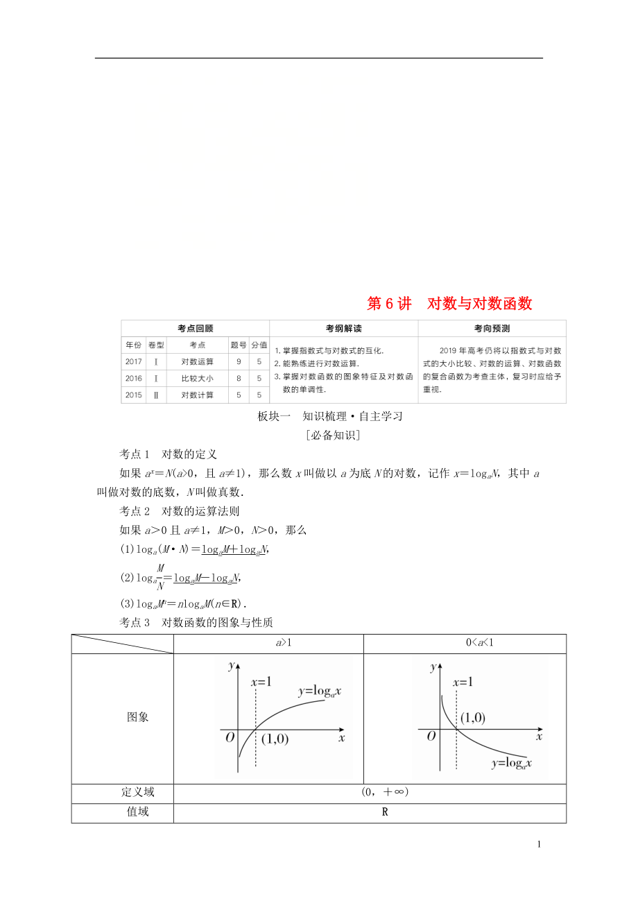 （全國版）2019版高考數(shù)學一輪復習 第2章 函數(shù)、導數(shù)及其應用 第6講 對數(shù)與對數(shù)函數(shù)學案_第1頁