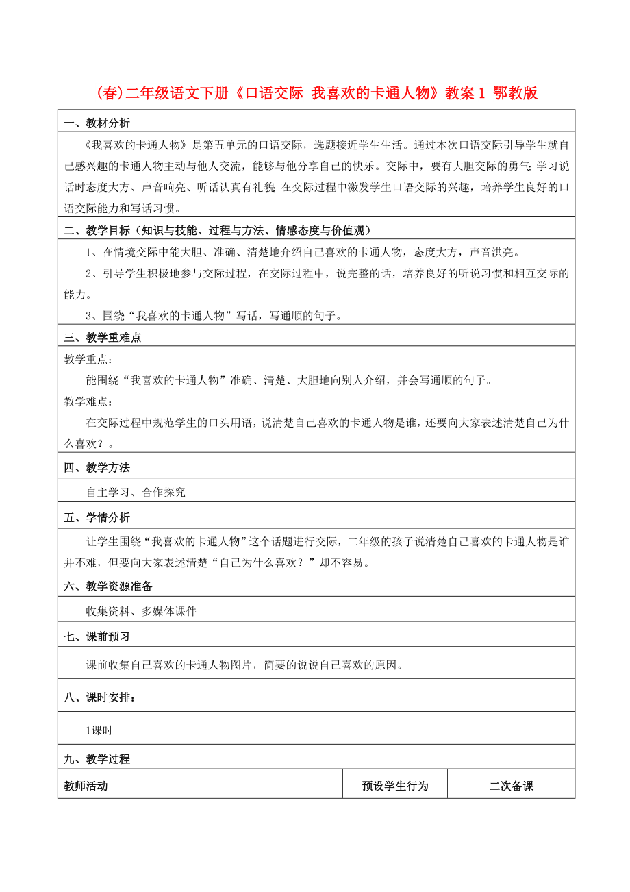 (春)二年級語文下冊《口語交際 我喜歡的卡通人物》教案1 鄂教版_第1頁