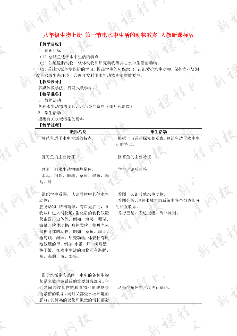 八年級(jí)生物上冊(cè) 第一節(jié)電水中生活的動(dòng)物教案 人教新課標(biāo)版_第1頁(yè)