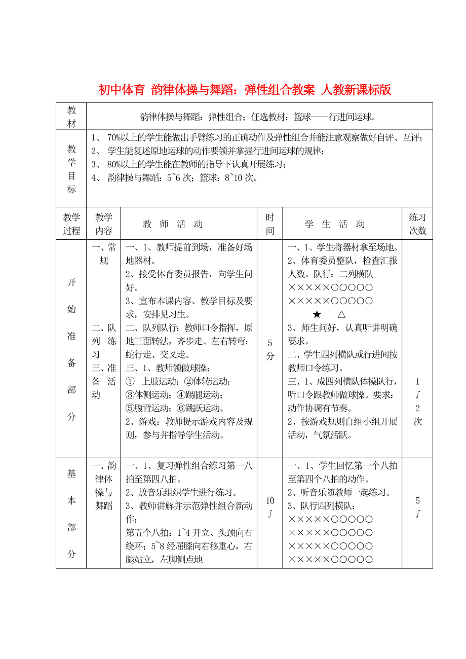 初中體育 韻律體操與舞蹈：彈性組合教案 人教新課標(biāo)版_第1頁