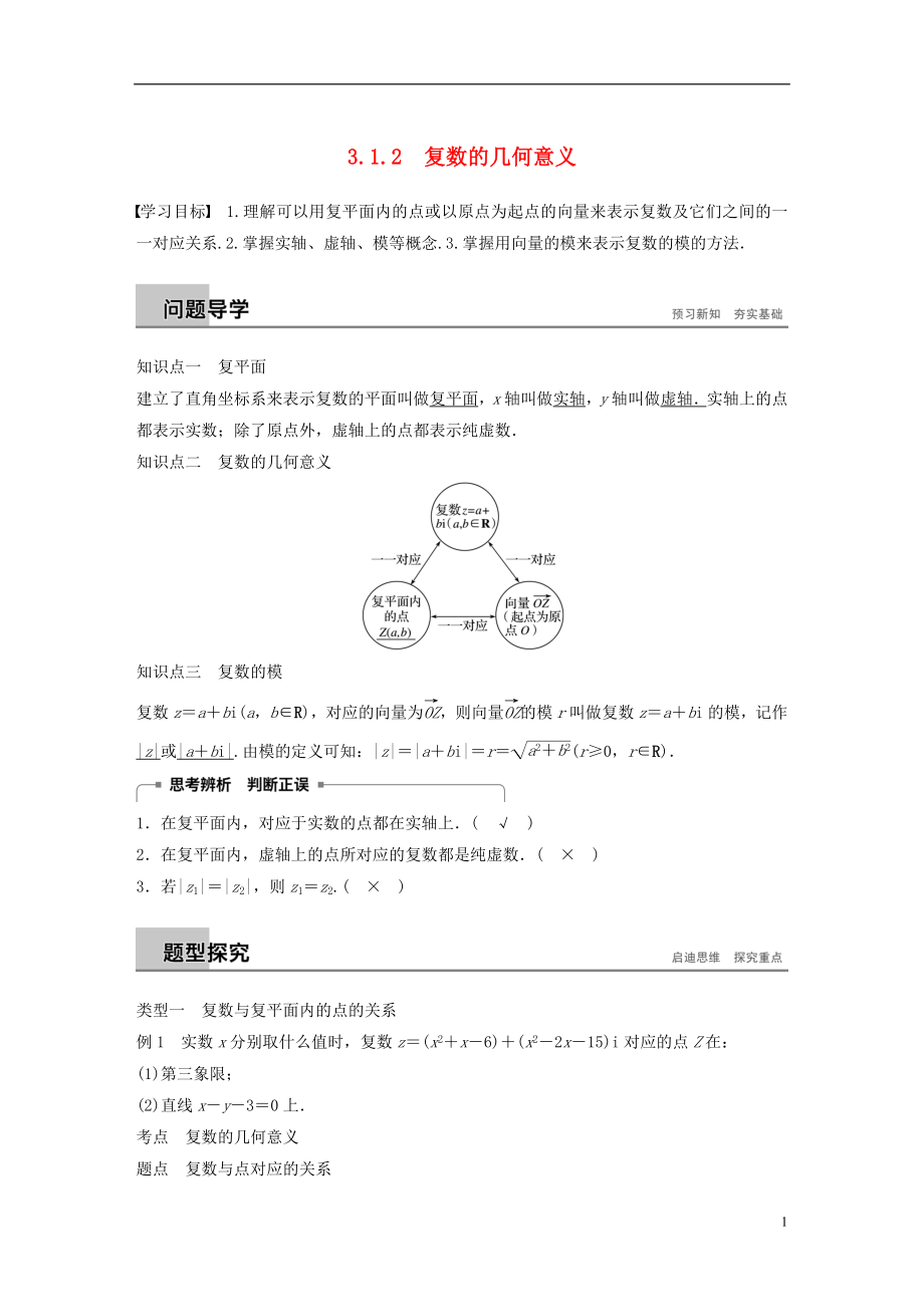 （全國通用版）2018-2019版高中數(shù)學(xué) 第三章 數(shù)系的擴充與復(fù)數(shù)的引入 3.1 數(shù)系的擴充和復(fù)數(shù)的概念 3.1.2 復(fù)數(shù)的幾何意義學(xué)案 新人教A版選修2-2_第1頁