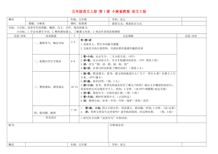 五年級(jí)語(yǔ)文上冊(cè) 第1課 小麻雀教案 語(yǔ)文S版_第1頁(yè)