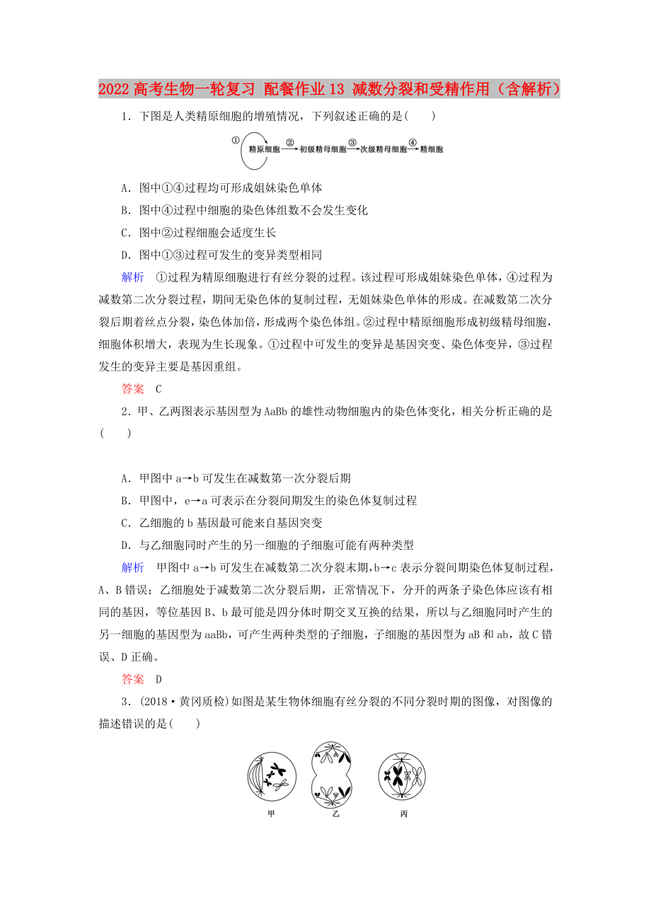 2022高考生物一轮复习 配餐作业13 减数分裂和受精作用（含解析）_第1页