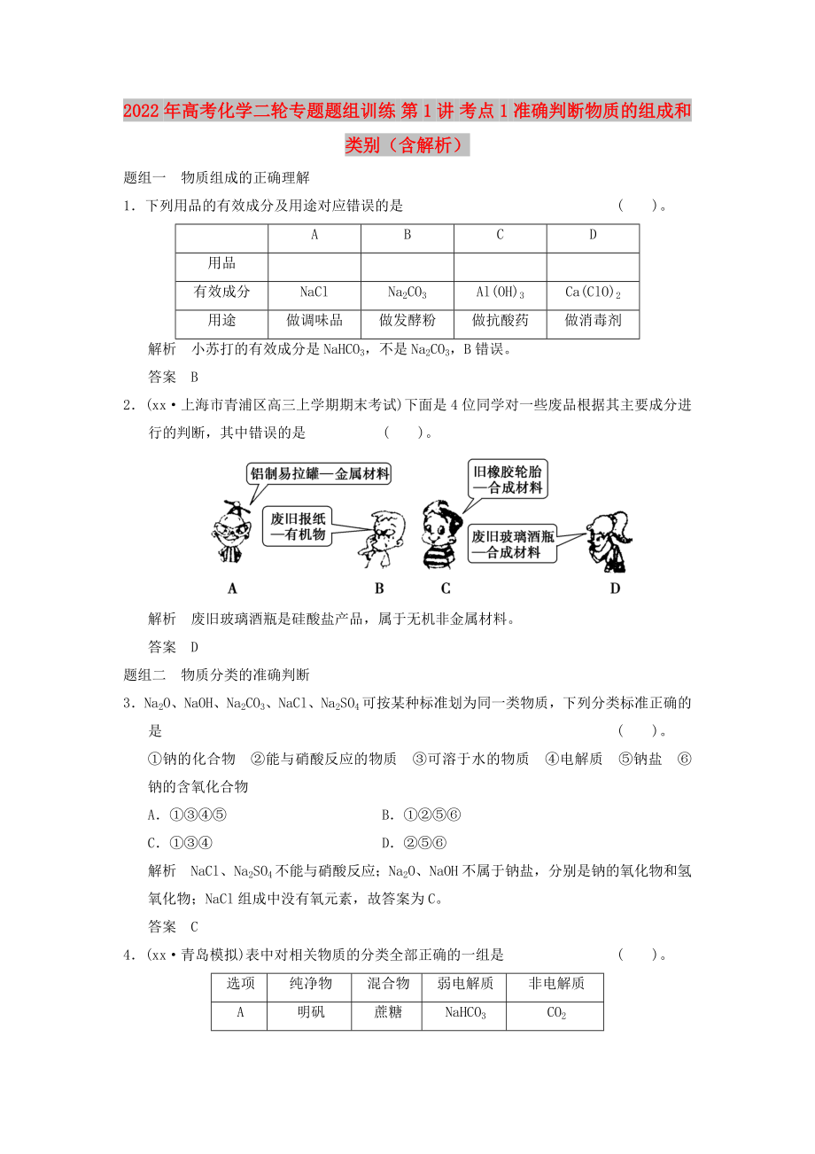 2022年高考化學二輪專題題組訓練 第1講 考點1 準確判斷物質(zhì)的組成和類別（含解析）_第1頁