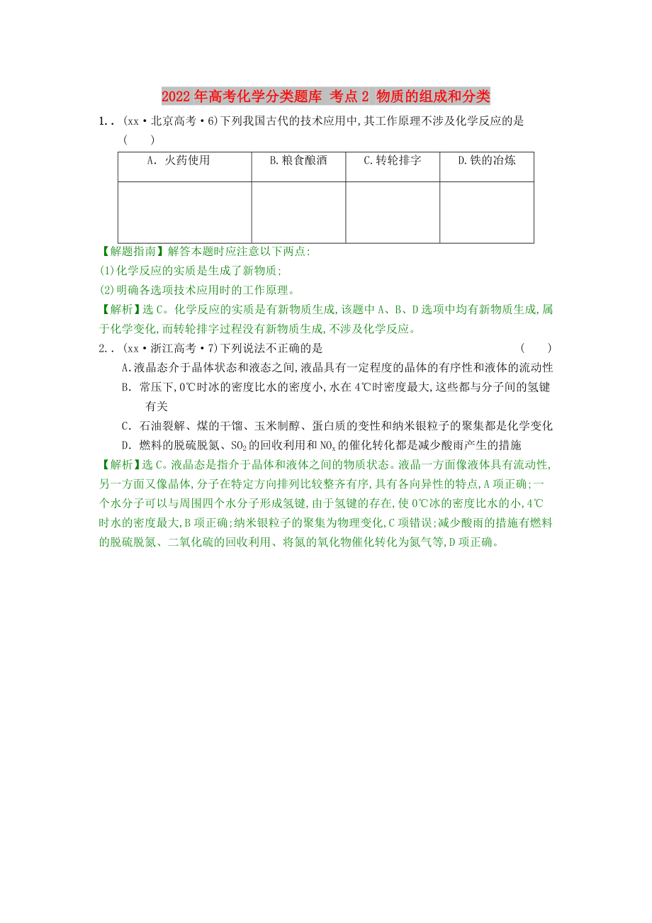 2022年高考化學(xué)分類題庫 考點(diǎn)2 物質(zhì)的組成和分類_第1頁