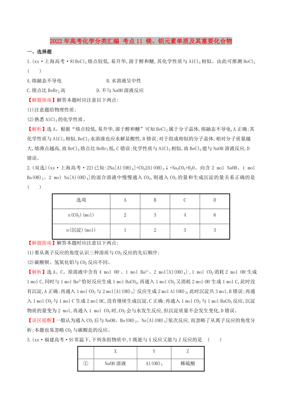 2022年高考化學(xué)分類匯編 考點(diǎn)11 鎂、鋁元素單質(zhì)及其重要化合物_第1頁