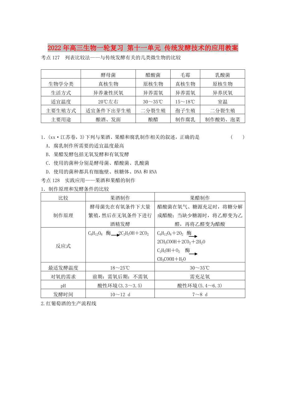 2022年高三生物一轮复习 第十一单元 传统发酵技术的应用教案_第1页