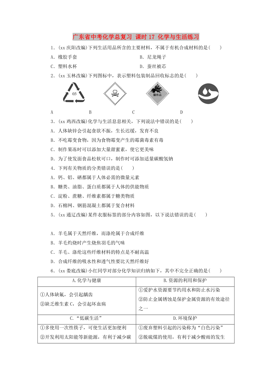 廣東省中考化學(xué)總復(fù)習(xí) 課時17 化學(xué)與生活練習(xí)_第1頁