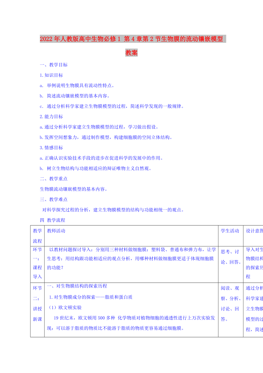 2022年人教版高中生物必修1 第4章第2節(jié)生物膜的流動(dòng)鑲嵌模型 教案_第1頁