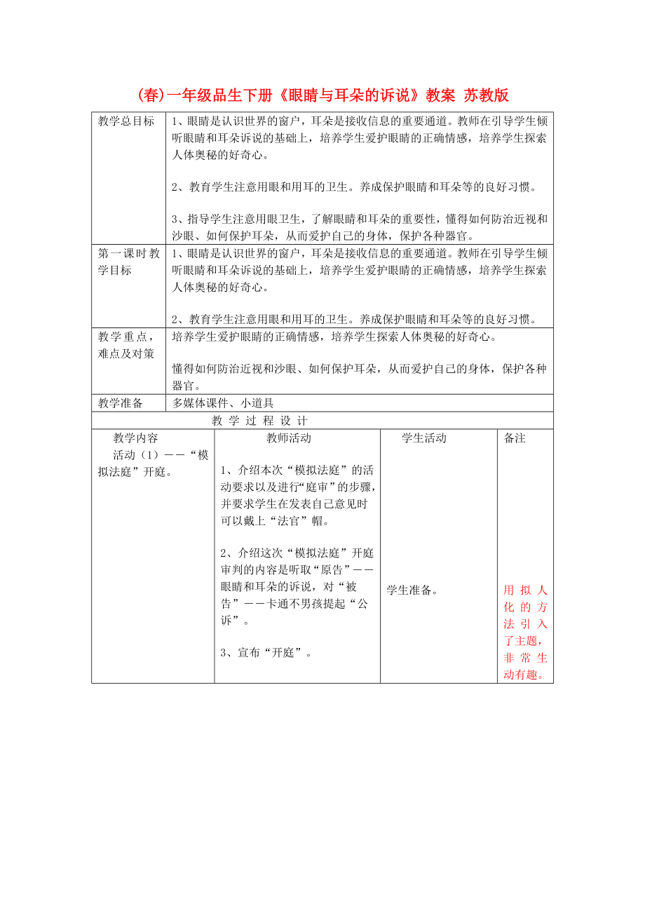 (春)一年級品生下冊《眼睛與耳朵的訴說》教案 蘇教版_第1頁