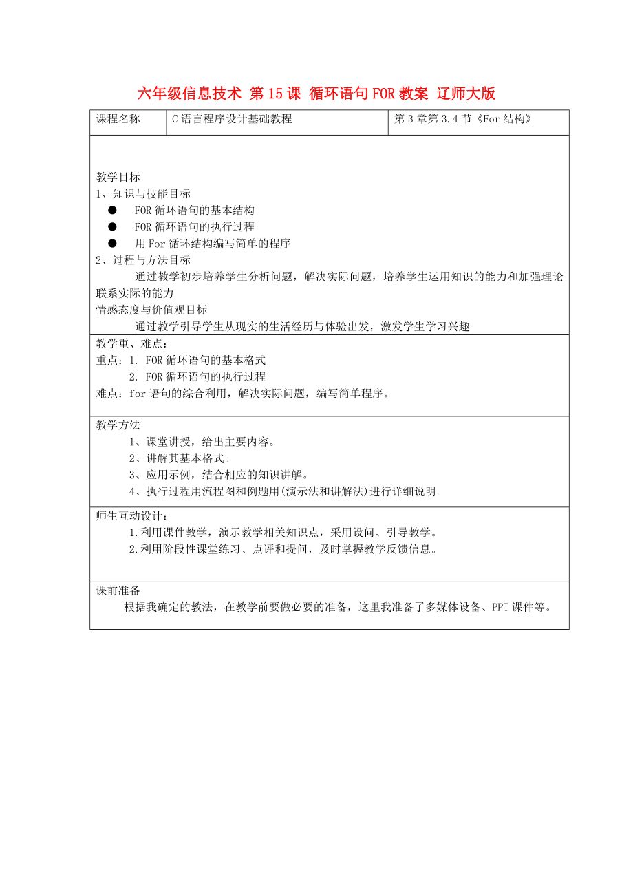 六年級信息技術(shù) 第15課 循環(huán)語句FOR教案 遼師大版_第1頁