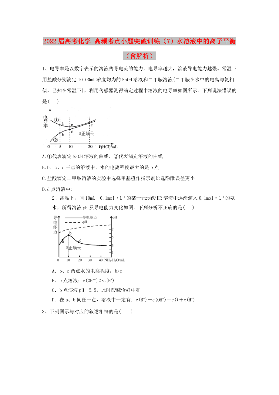 2022屆高考化學 高頻考點小題突破訓練（7）水溶液中的離子平衡（含解析）_第1頁