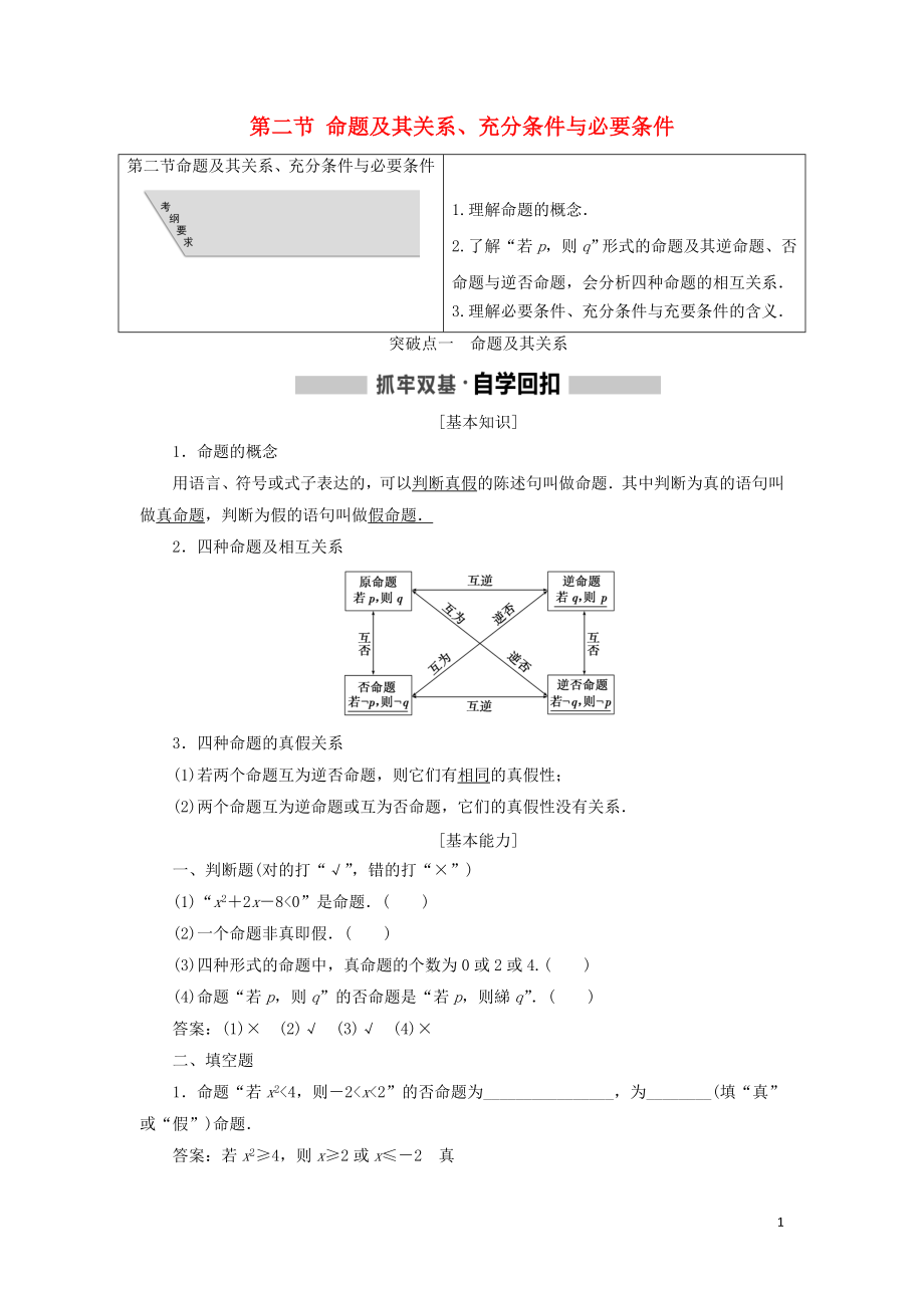 （通用版）2020高考數(shù)學一輪復習 1.2 命題及其關系、充分條件與必要條件學案 理_第1頁