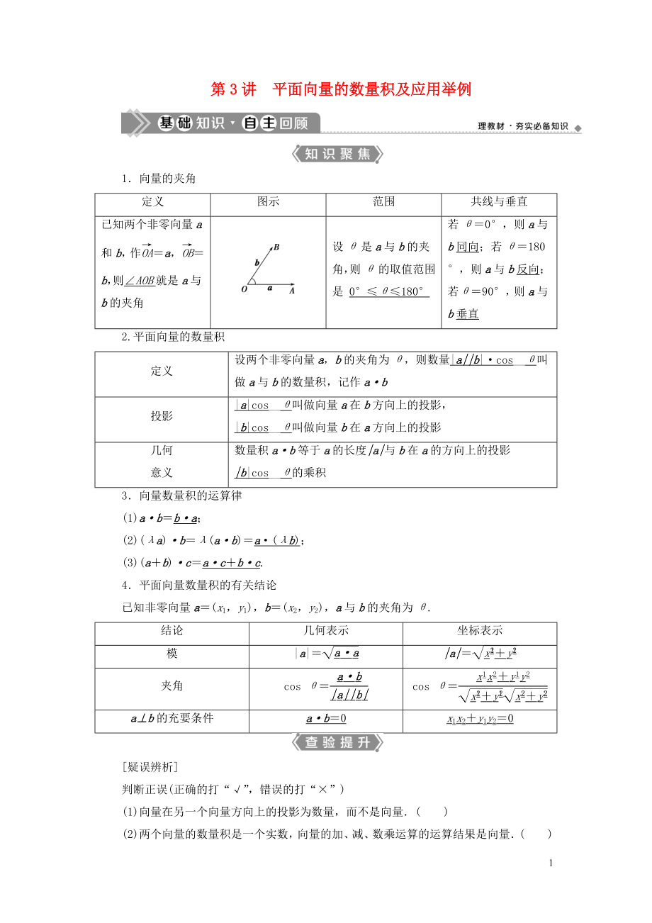 （浙江專(zhuān)用）2021版新高考數(shù)學(xué)一輪復(fù)習(xí) 第五章 平面向量、復(fù)數(shù) 3 第3講 平面向量的數(shù)量積及應(yīng)用舉例教學(xué)案_第1頁(yè)