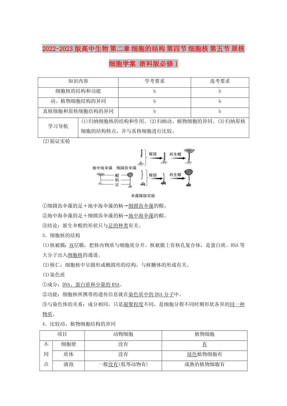 2022-2023版高中生物 第二章 細(xì)胞的結(jié)構(gòu) 第四節(jié) 細(xì)胞核 第五節(jié) 原核細(xì)胞學(xué)案 浙科版必修1_第1頁(yè)