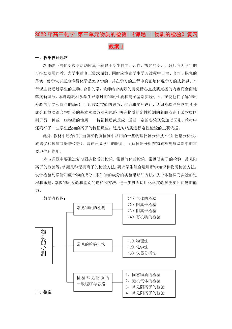 2022年高三化學(xué) 第三單元物質(zhì)的檢測 《課題一 物質(zhì)的檢驗》復(fù)習(xí)教案1_第1頁