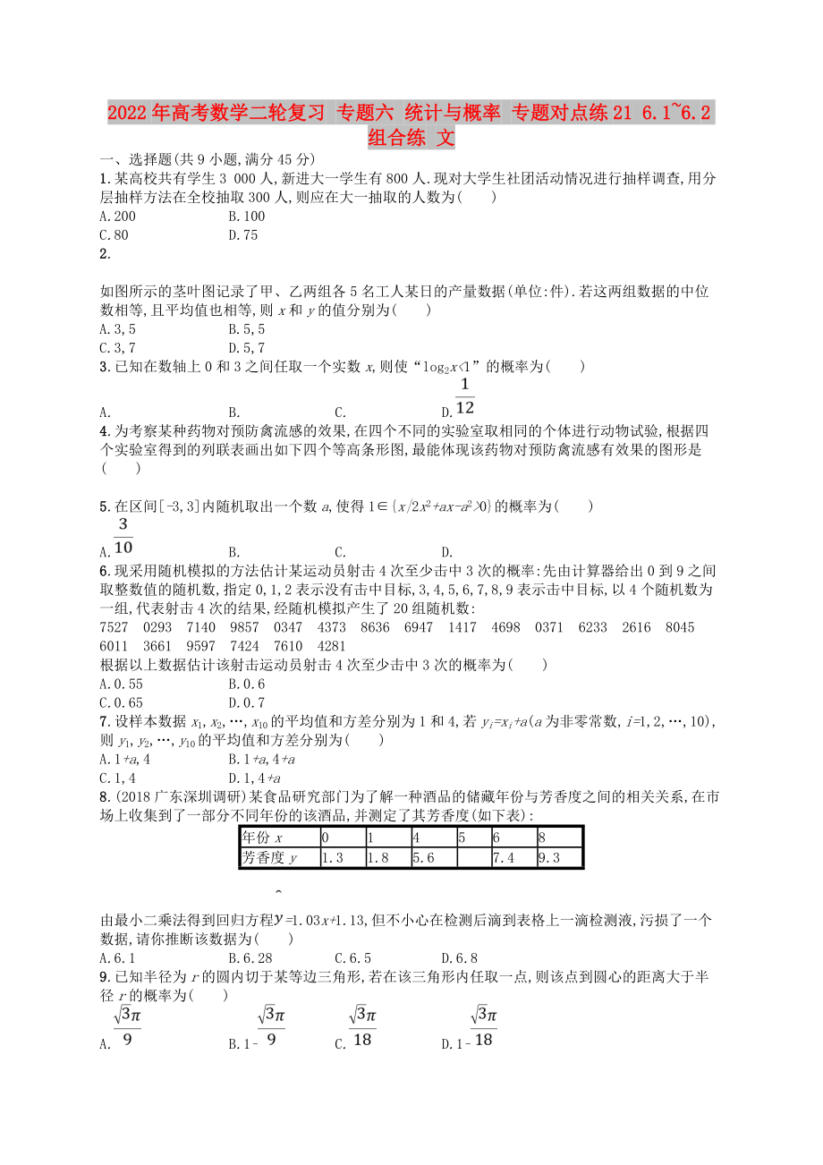 2022年高考數(shù)學(xué)二輪復(fù)習(xí) 專題六 統(tǒng)計與概率 專題對點練21 6.1~6.2組合練 文_第1頁