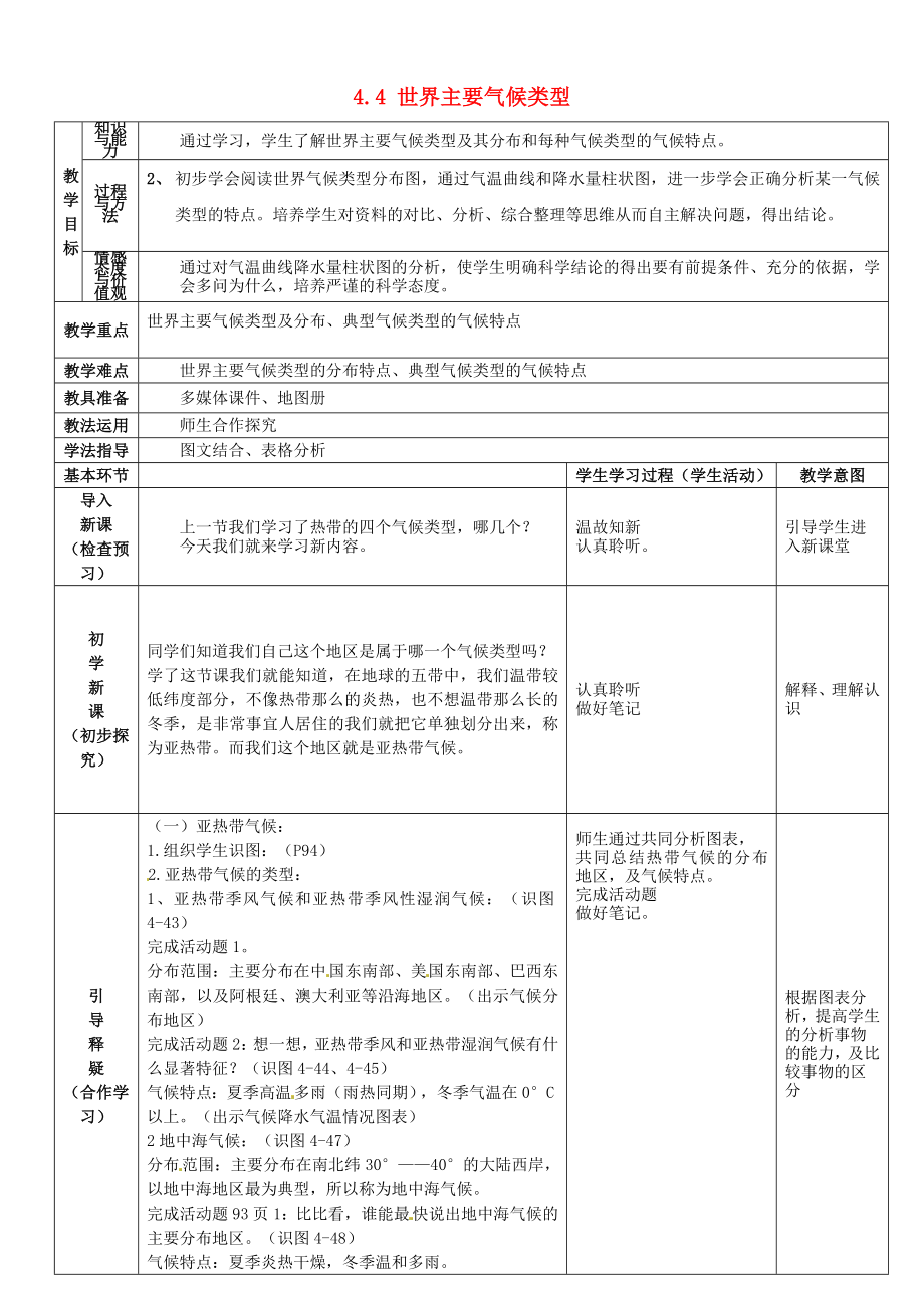 2020年秋七年级地理上册 4.4 世界主要气候类型导学案2（无答案） 湘教版_第1页