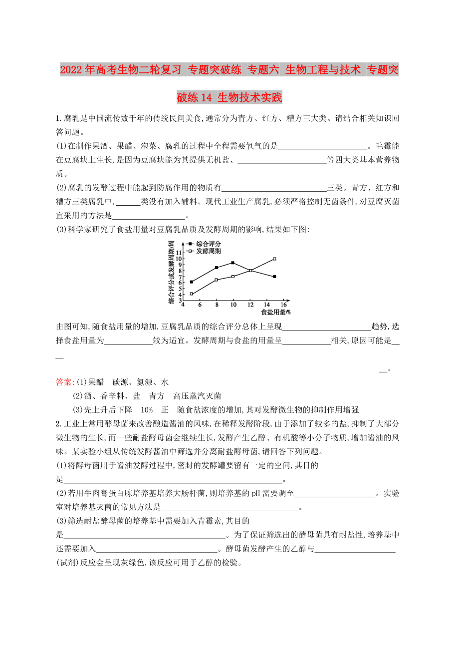 2022年高考生物二輪復(fù)習(xí) 專題突破練 專題六 生物工程與技術(shù) 專題突破練14 生物技術(shù)實(shí)踐_第1頁(yè)