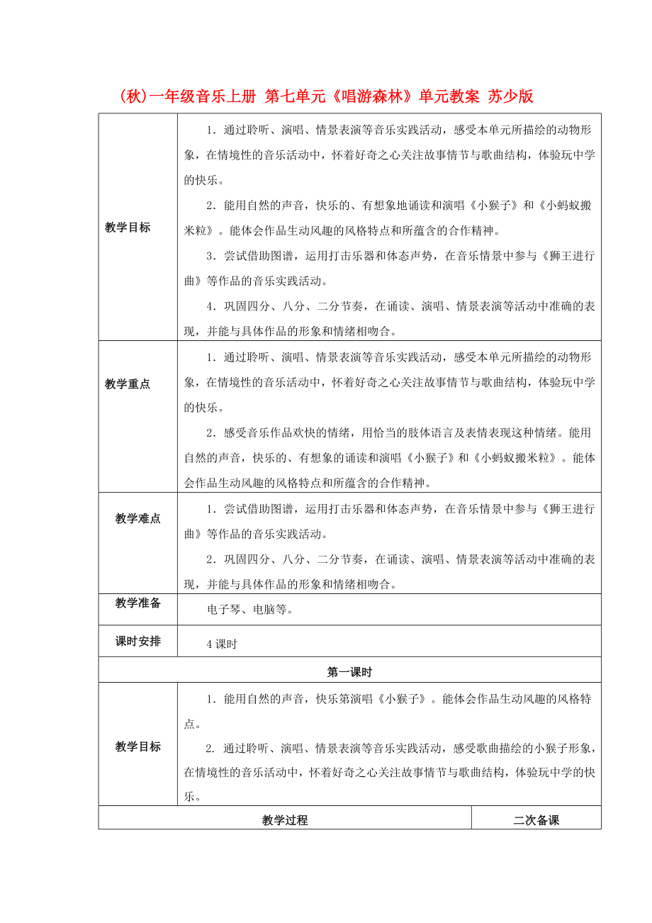 (秋)一年級音樂上冊 第七單元《唱游森林》單元教案 蘇少版_第1頁