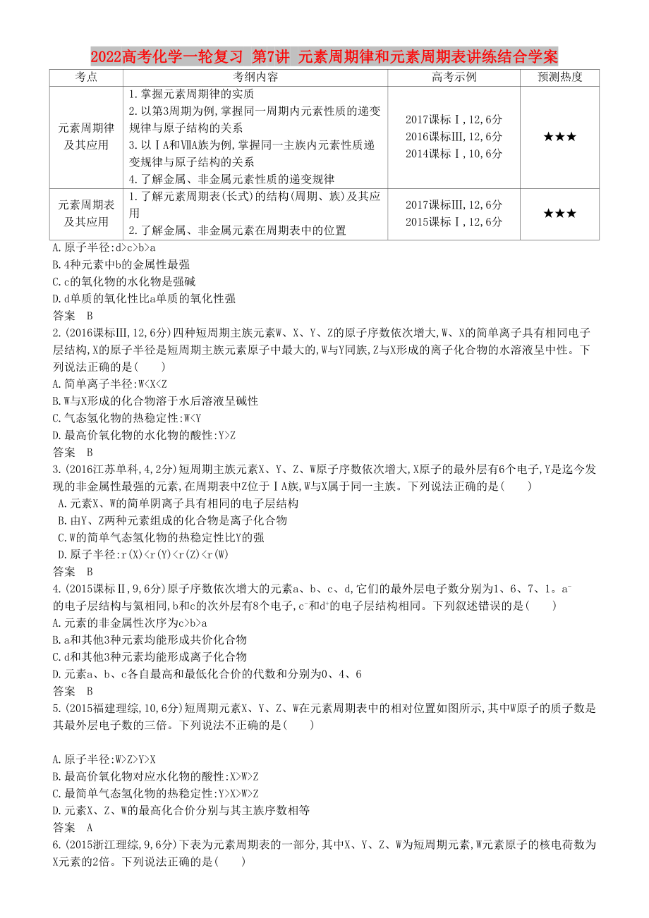 2022高考化學(xué)一輪復(fù)習(xí) 第7講 元素周期律和元素周期表講練結(jié)合學(xué)案_第1頁