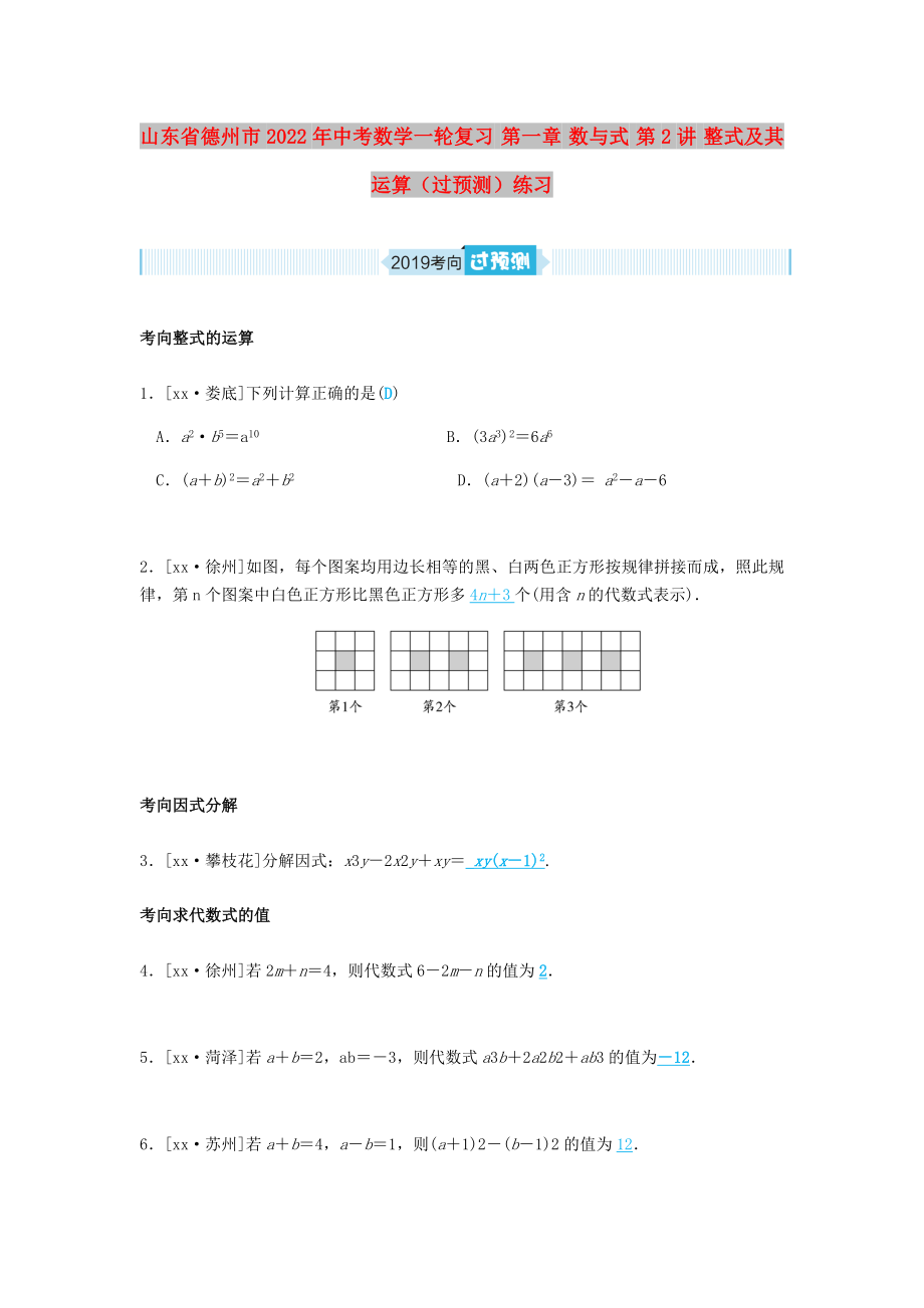 山東省德州市2022年中考數(shù)學(xué)一輪復(fù)習(xí) 第一章 數(shù)與式 第2講 整式及其運(yùn)算（過(guò)預(yù)測(cè)）練習(xí)_第1頁(yè)