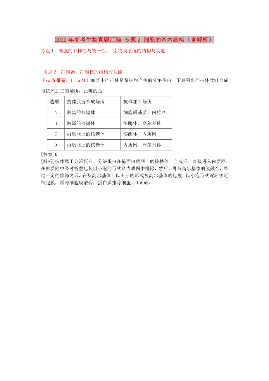 2022年高考生物真题汇编 专题2 细胞的基本结构（含解析）_第1页