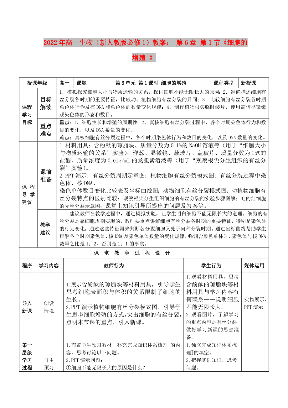 2022年高一生物（新人教版必修1）教案： 第6章 第1節(jié)《細(xì)胞的增殖 》_第1頁