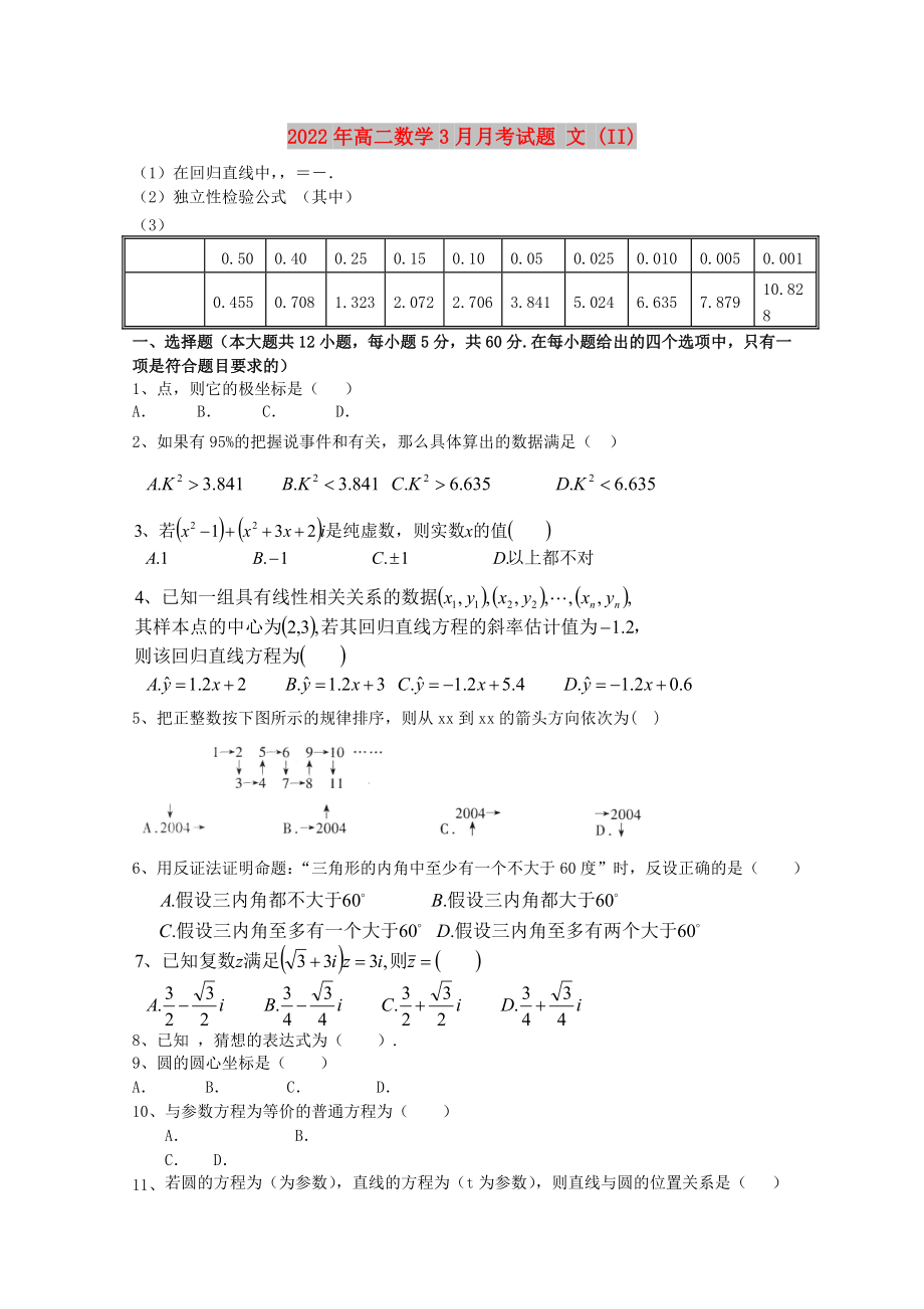 2022年高二數(shù)學(xué)3月月考試題 文 (II)_第1頁