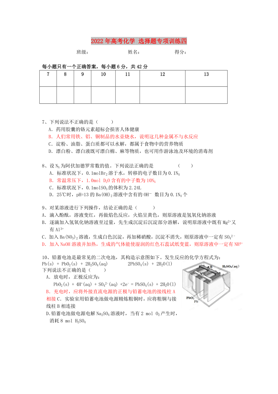 2022年高考化學(xué) 選擇題專項訓(xùn)練四_第1頁