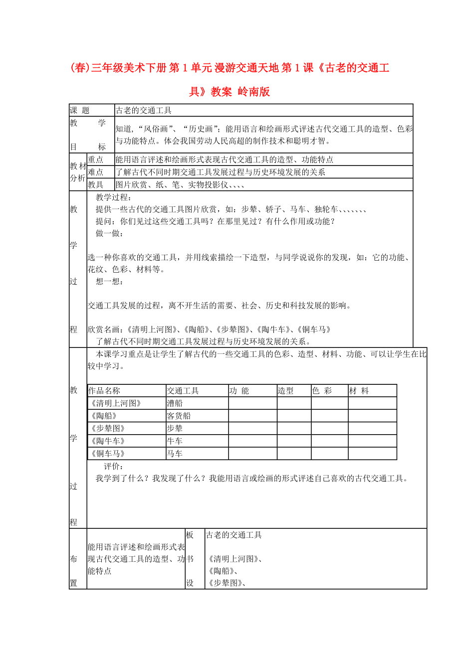 (春)三年級美術(shù)下冊 第1單元 漫游交通天地 第1課《古老的交通工具》教案 嶺南版_第1頁