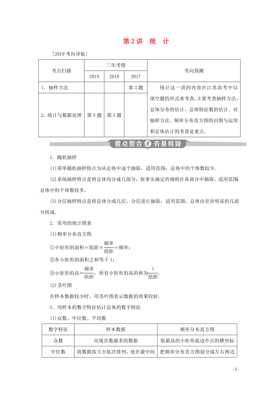 （江苏专用）2020版高考数学二轮复习 专题六 概率、统计、复数、算法、推理与证明 第2讲 统计学案 文 苏教版_第1页