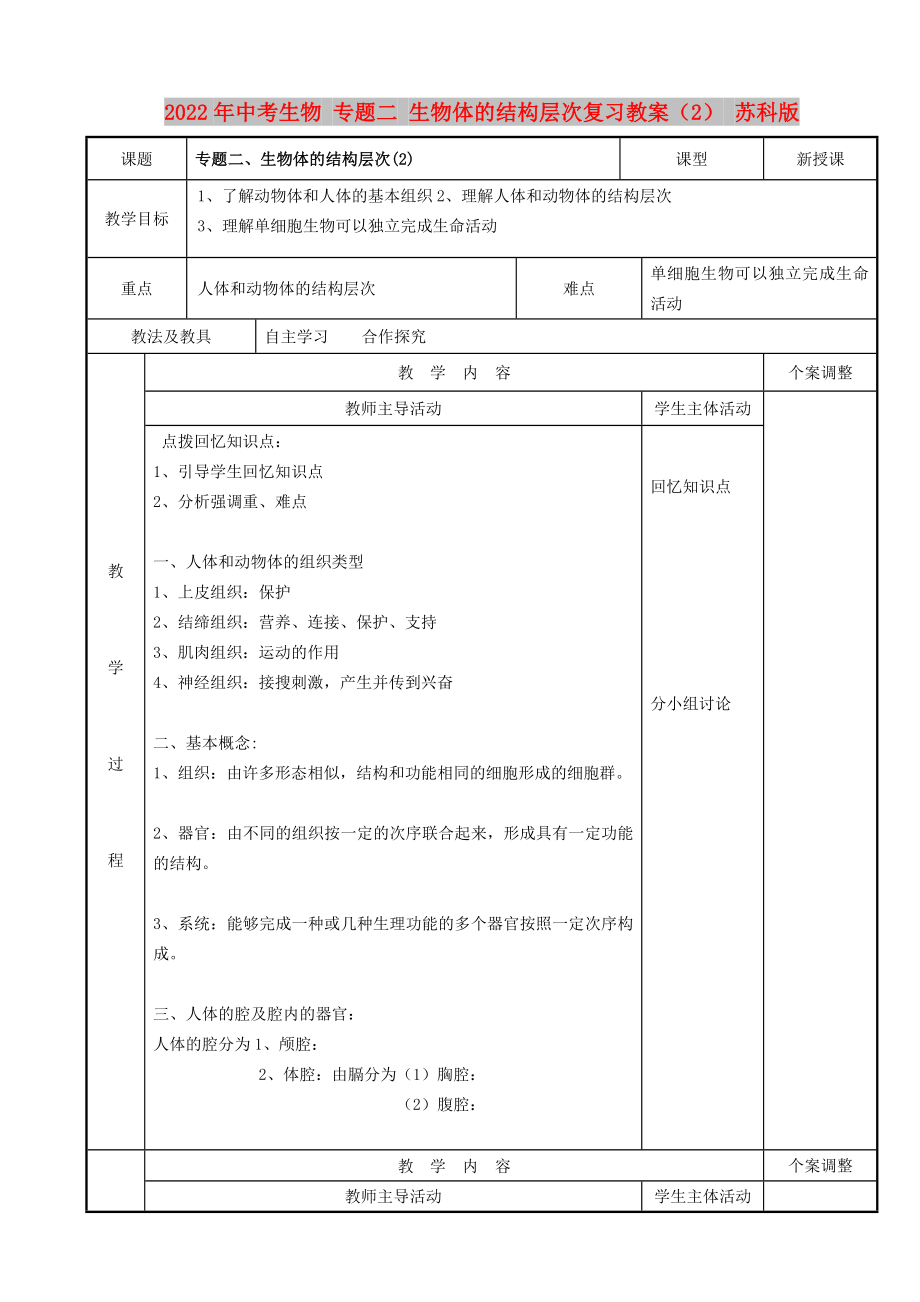 2022年中考生物 專題二 生物體的結(jié)構(gòu)層次復(fù)習(xí)教案（2） 蘇科版_第1頁(yè)