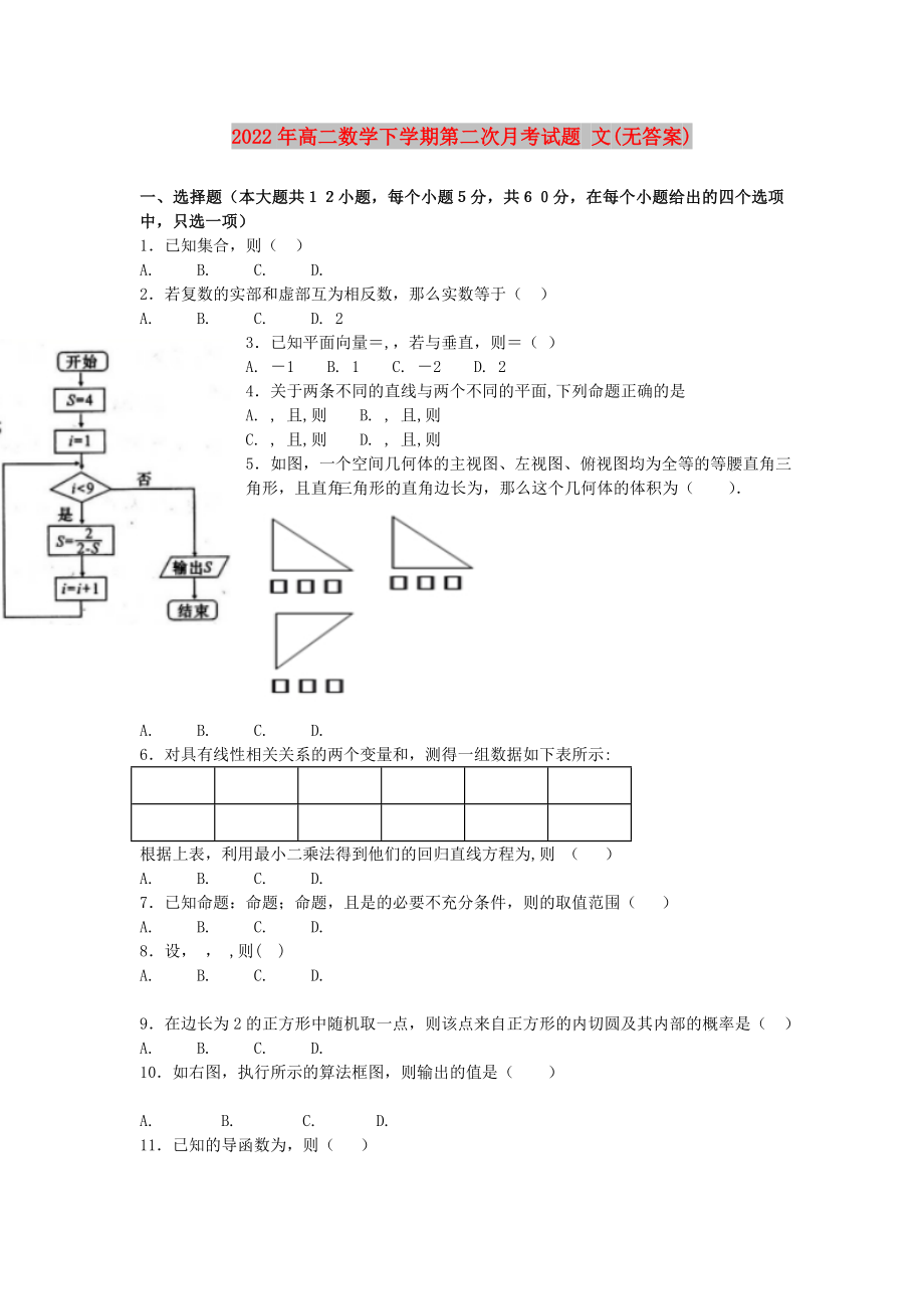 2022年高二數(shù)學(xué)下學(xué)期第二次月考試題 文(無答案)_第1頁