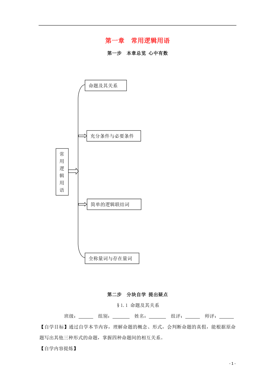 湖北省宜昌市高中数学 第一章 常用逻辑用语学案（无答案）新人教A版选修1-1_第1页