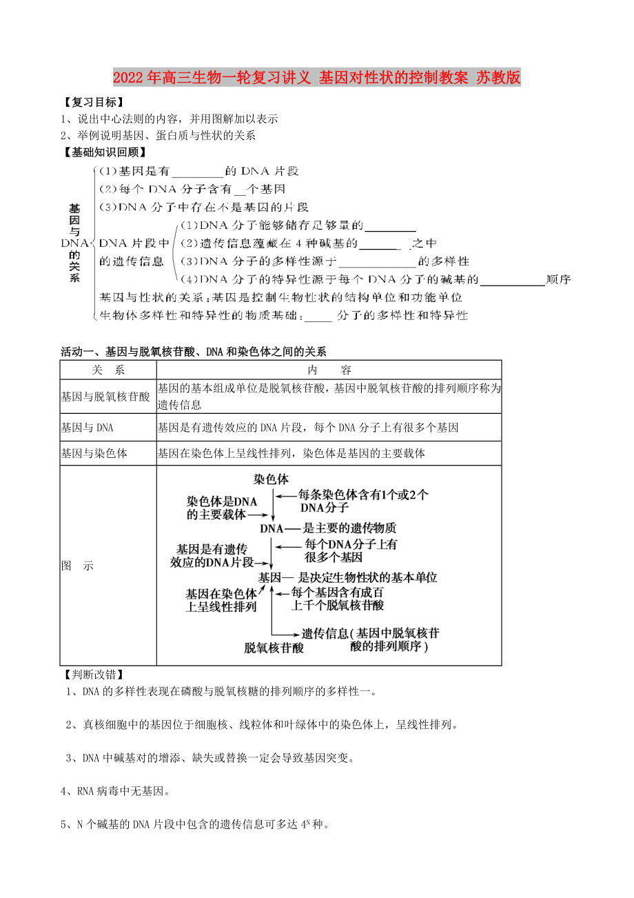 2022年高三生物一轮复习讲义 基因对性状的控制教案 苏教版_第1页