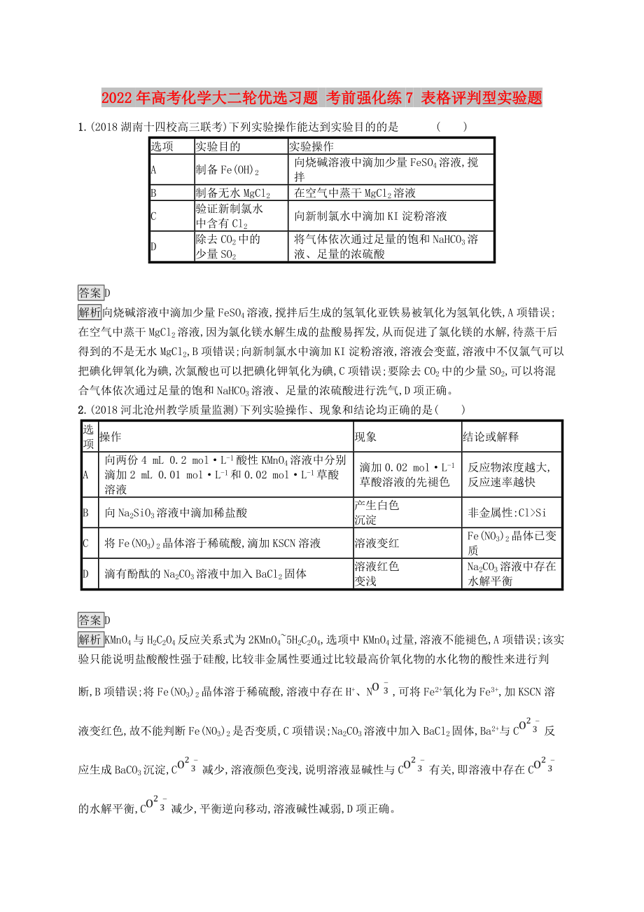 2022年高考化学大二轮优选习题 考前强化练7 表格评判型实验题_第1页