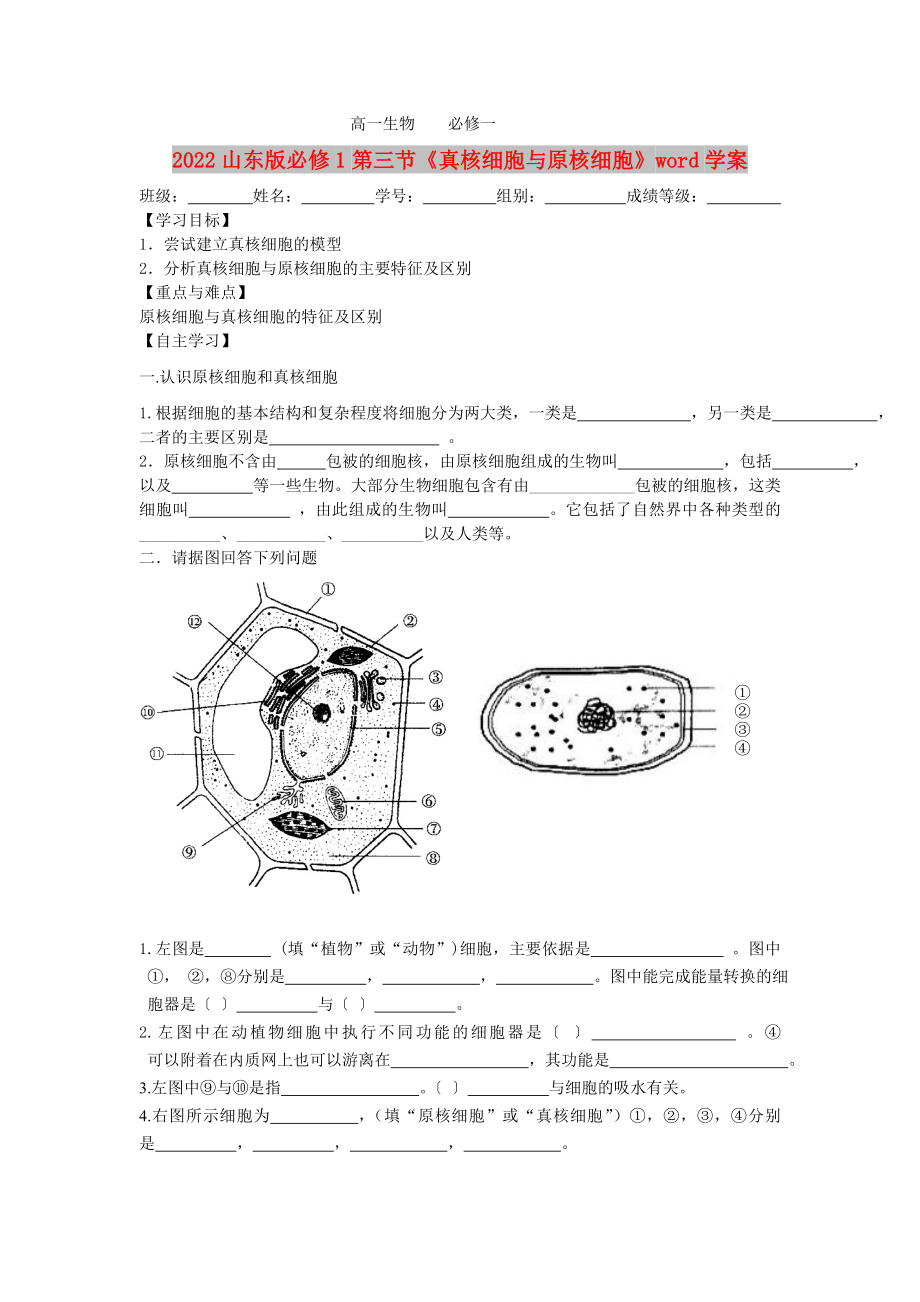 2022山東版必修1第三節(jié)《真核細(xì)胞與原核細(xì)胞》word學(xué)案_第1頁(yè)