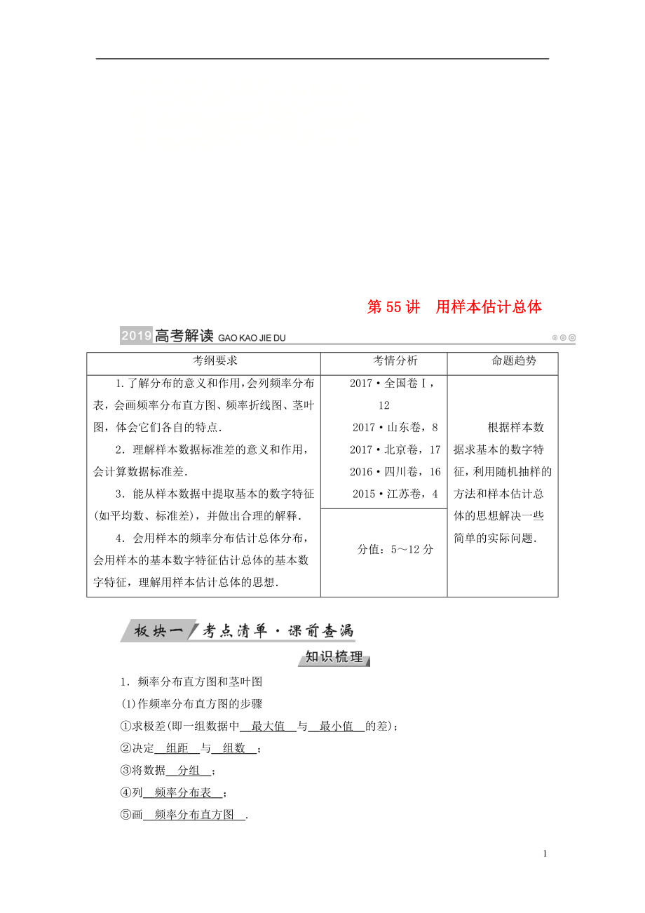 （全國通用版）2019版高考數(shù)學大一輪復習 第十章 算法初步、統(tǒng)計、統(tǒng)計案例 第55講 用樣本估計總體優(yōu)選學案_第1頁