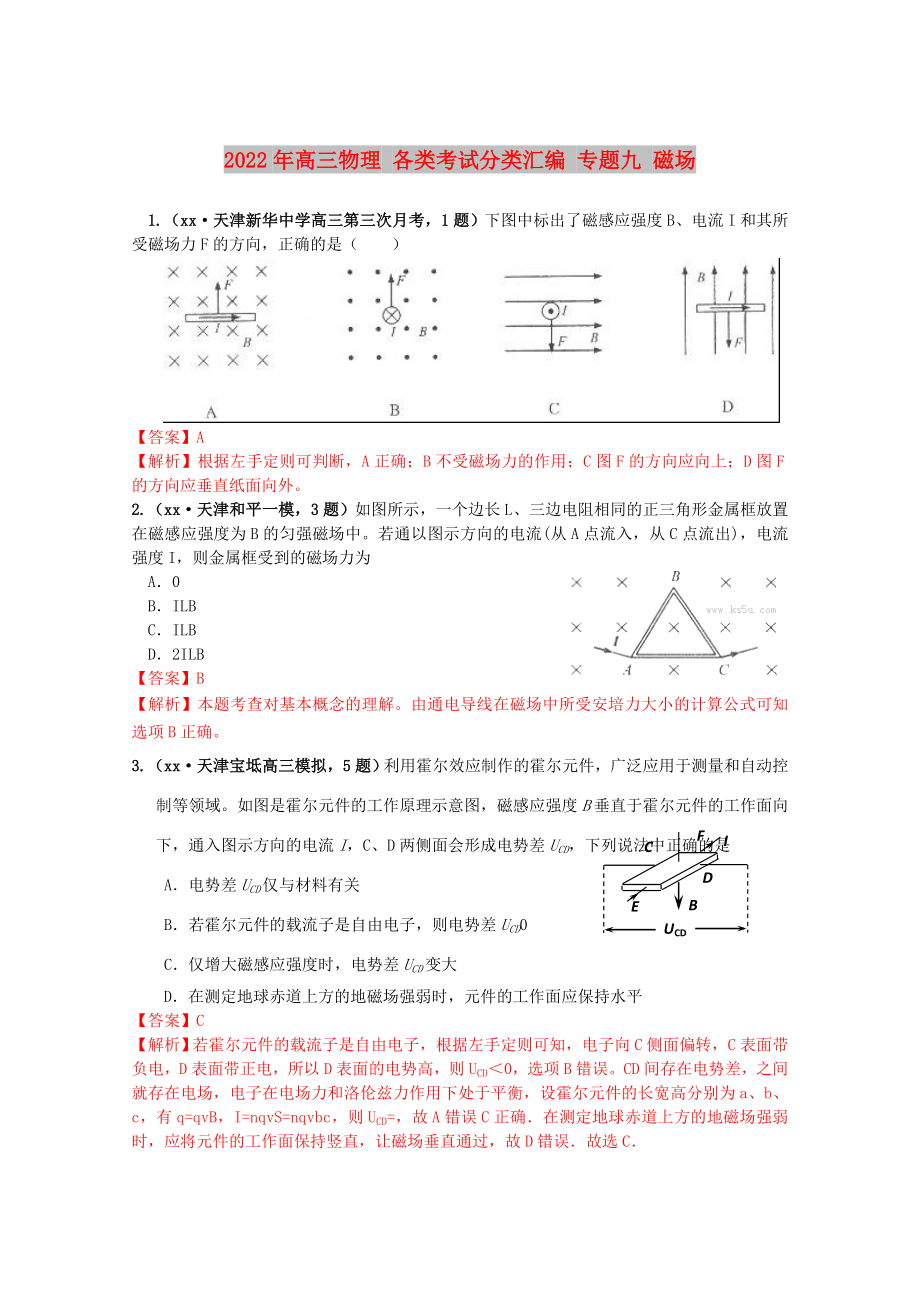 2022年高三物理 各类考试分类汇编 专题九 磁场_第1页